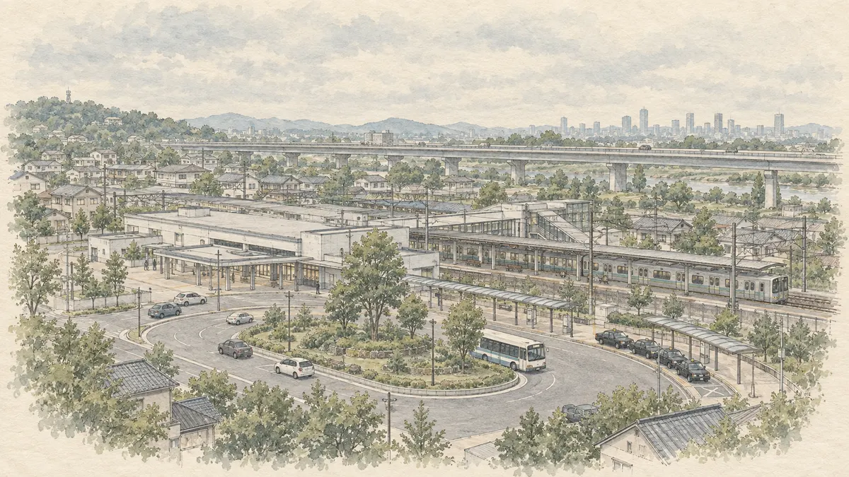郊外の鉄道駅の駅前ロータリーを斜め上から見た俯瞰のイラスト。ロータリーにはバスが1台と送迎の乗用車、少し離れてタクシーの列があり、中景に駅舎とホームと停車中の電車、遠景には高速道路の高架が横切り、その先に都市の高層ビル群が小さく霞んで見える